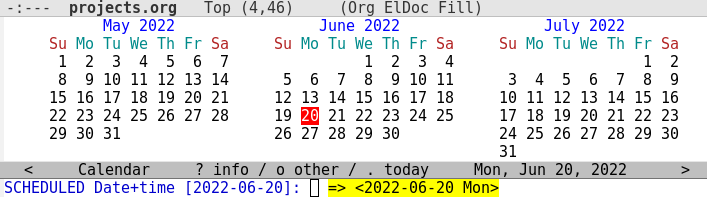 Org-mode schedule input calendar frame and mini-buffer